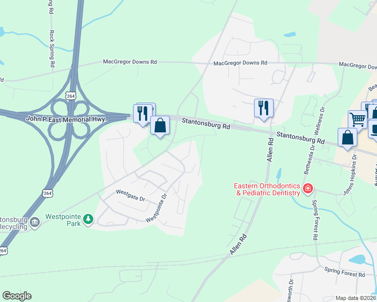 map of restaurants, bars, coffee shops, grocery stores, and more near 2995 Radio Station Road in Greenville