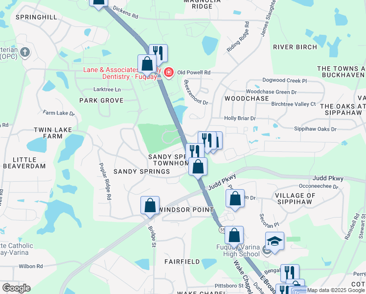 map of restaurants, bars, coffee shops, grocery stores, and more near 1720 Stroll Circle in Fuquay-Varina