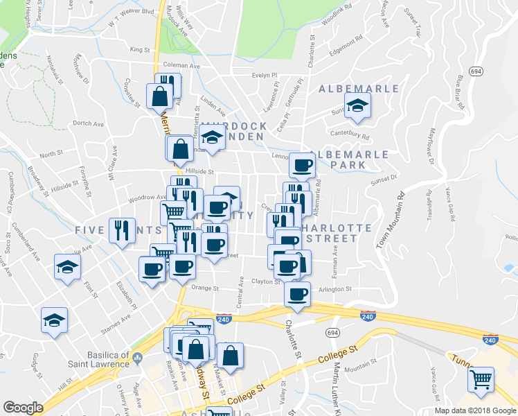 map of restaurants, bars, coffee shops, grocery stores, and more near 70 Lee Street North in Asheville