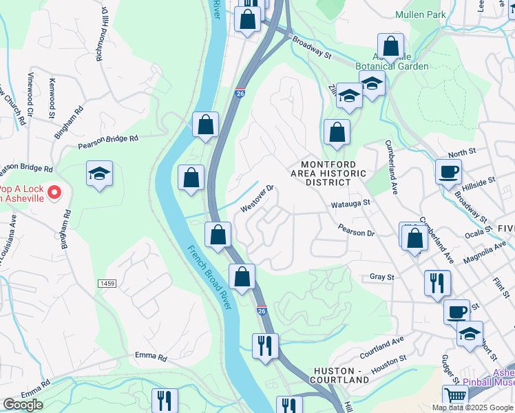 map of restaurants, bars, coffee shops, grocery stores, and more near 306 Westover Drive in Asheville