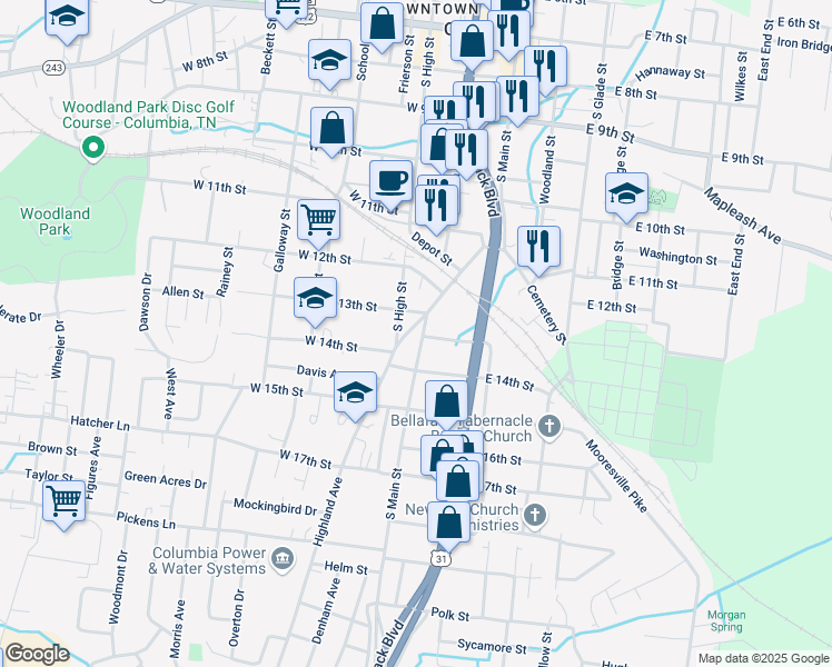 map of restaurants, bars, coffee shops, grocery stores, and more near 1405 Highland Avenue in Columbia