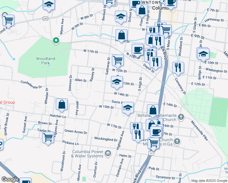 map of restaurants, bars, coffee shops, grocery stores, and more near 1411 School Street in Columbia