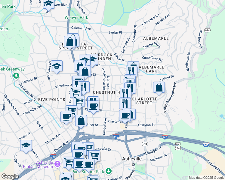 map of restaurants, bars, coffee shops, grocery stores, and more near 70 Madison Avenue in Asheville