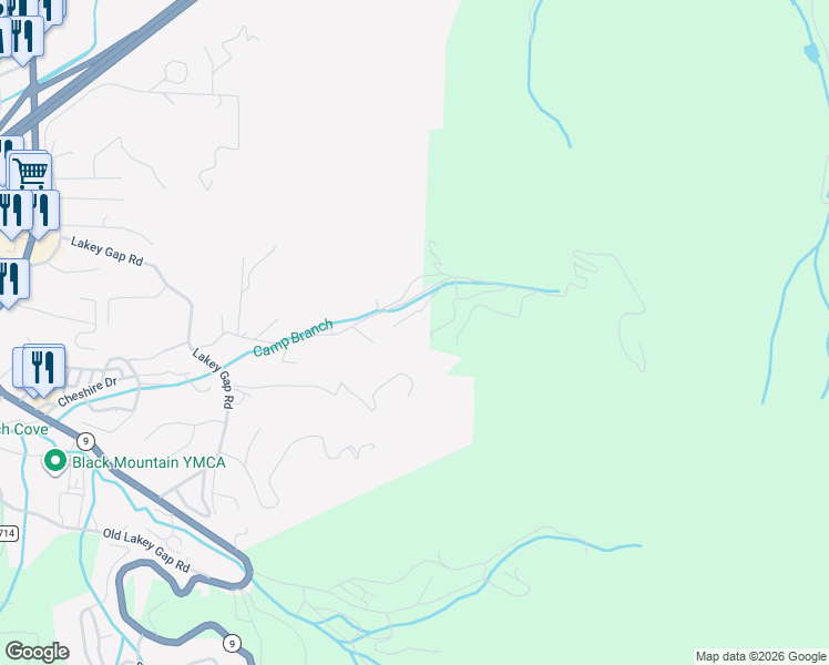 map of restaurants, bars, coffee shops, grocery stores, and more near 20 Shady Lane in Black Mountain