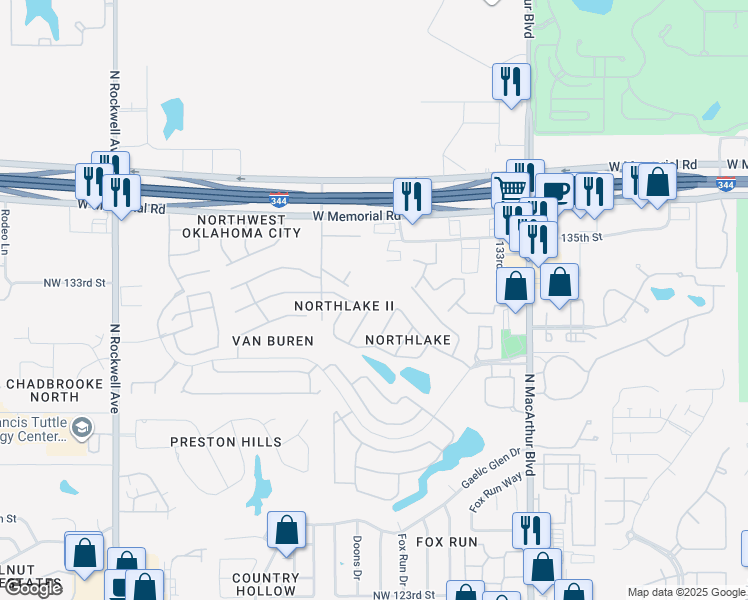 map of restaurants, bars, coffee shops, grocery stores, and more near 6401 Northwest 134th Street in Oklahoma City