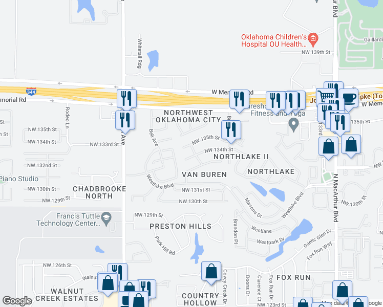 map of restaurants, bars, coffee shops, grocery stores, and more near 8413 Northwest 134th Street in Oklahoma City