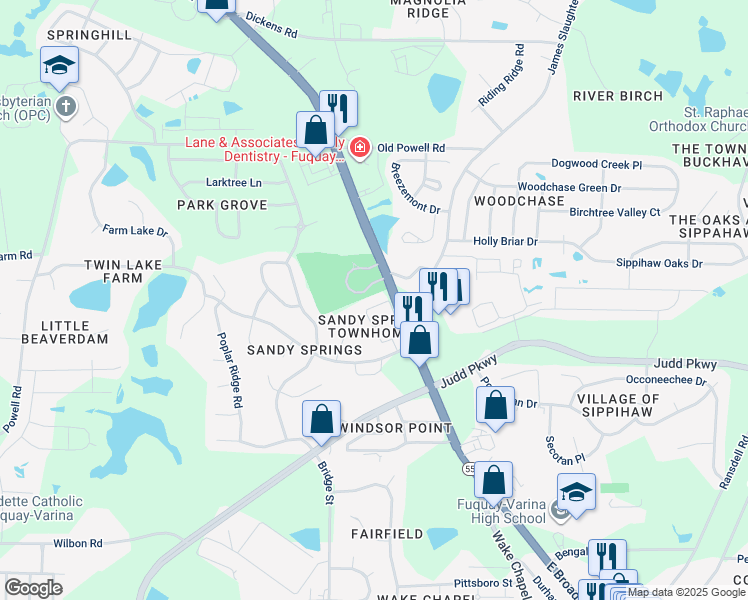 map of restaurants, bars, coffee shops, grocery stores, and more near 1720 Stroll Circle in Fuquay-Varina