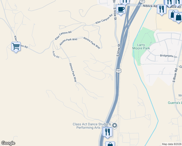 map of restaurants, bars, coffee shops, grocery stores, and more near 350 Robles Road in Paso Robles