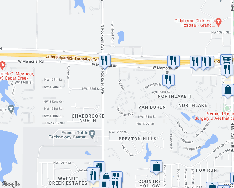 map of restaurants, bars, coffee shops, grocery stores, and more near 6917 Mayberry Lane in Oklahoma City