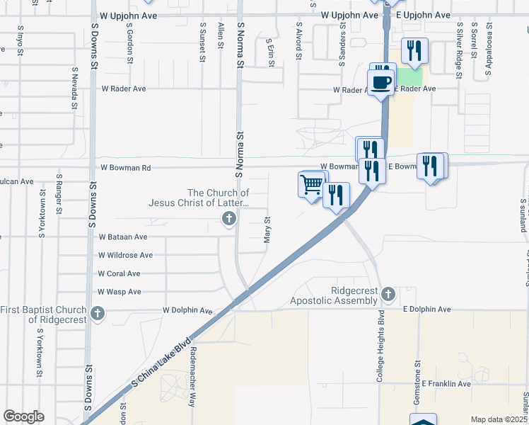 map of restaurants, bars, coffee shops, grocery stores, and more near 401 Veada Avenue in Ridgecrest