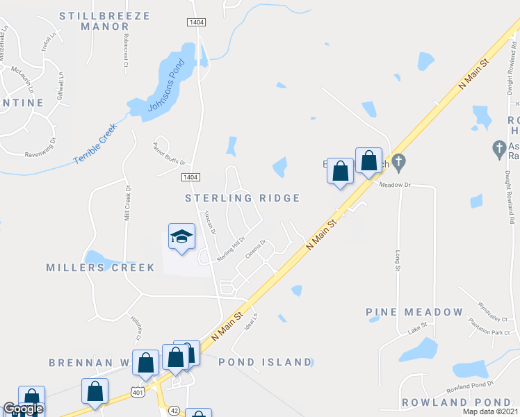 map of restaurants, bars, coffee shops, grocery stores, and more near 1543 Cairo Way in Fuquay Varina