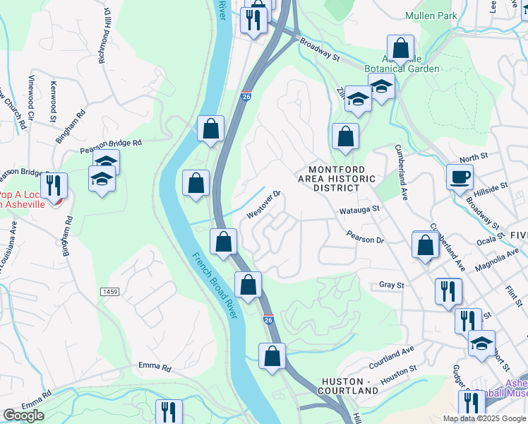 map of restaurants, bars, coffee shops, grocery stores, and more near 306 Westover Drive in Asheville
