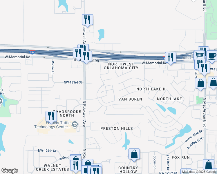 map of restaurants, bars, coffee shops, grocery stores, and more near 6812 135th Terrace in Oklahoma City