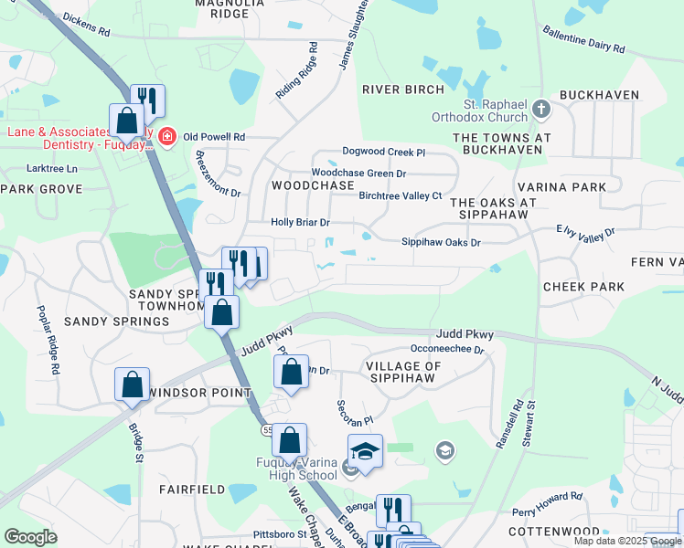 map of restaurants, bars, coffee shops, grocery stores, and more near 245 Marley Way in Fuquay-Varina