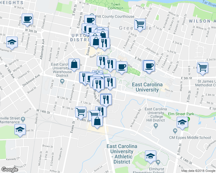 map of restaurants, bars, coffee shops, grocery stores, and more near 321 East 10th Street in Greenville