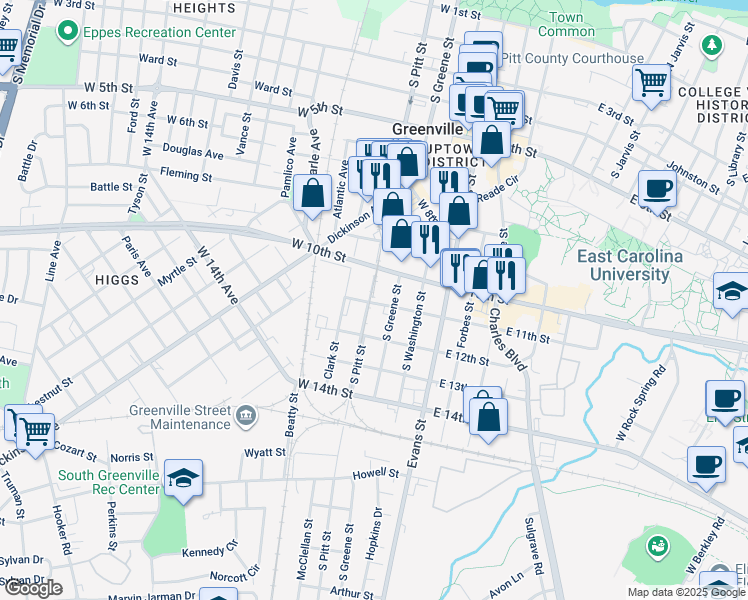map of restaurants, bars, coffee shops, grocery stores, and more near 300 West 11th Street in Greenville