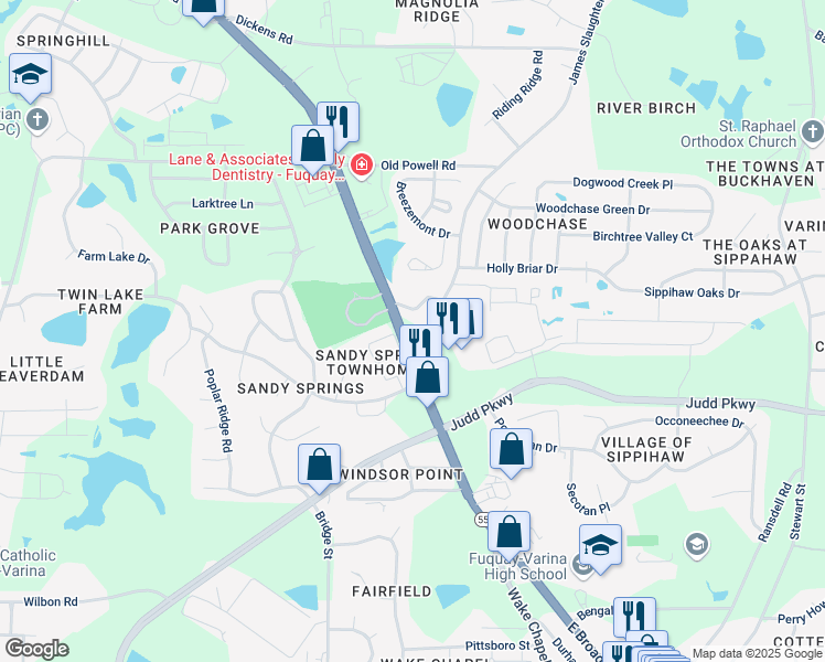 map of restaurants, bars, coffee shops, grocery stores, and more near 1600 Broad Street in Fuquay-Varina