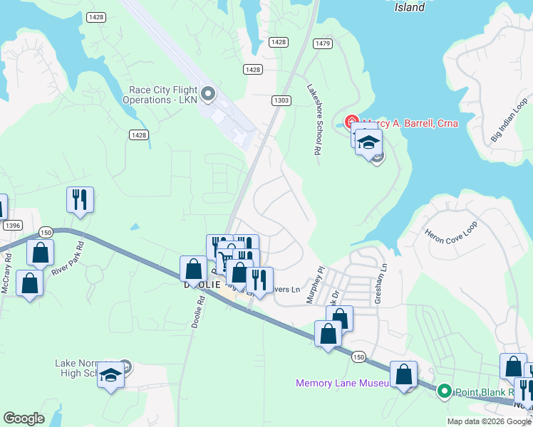 map of restaurants, bars, coffee shops, grocery stores, and more near 190 Blossom Ridge Drive in Mooresville