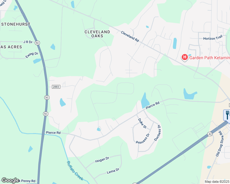 map of restaurants, bars, coffee shops, grocery stores, and more near 392 Madden Rose Loop in Garner