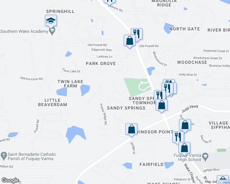 map of restaurants, bars, coffee shops, grocery stores, and more near 1800 Balfour Downs Circle in Fuquay Varina