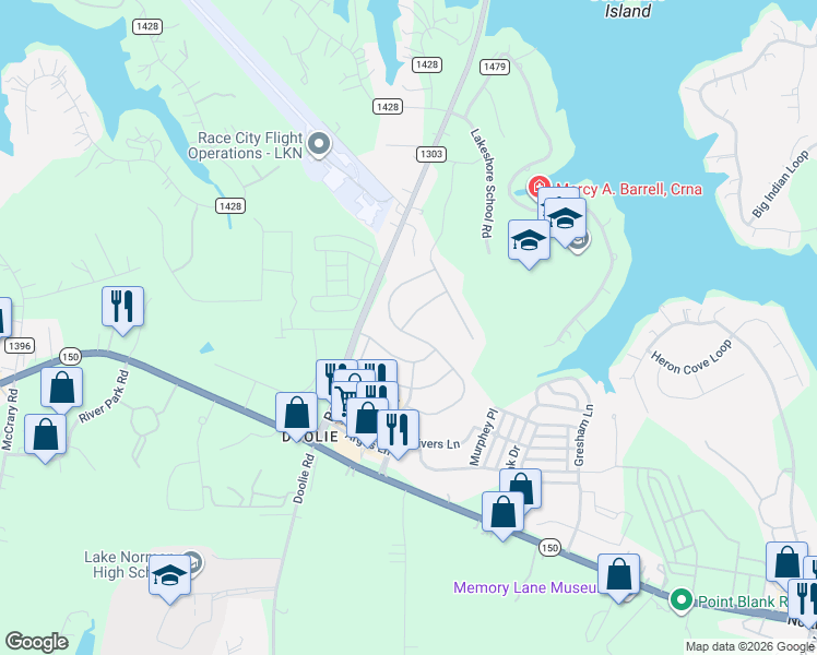 map of restaurants, bars, coffee shops, grocery stores, and more near 190 Blossom Ridge Drive in Mooresville