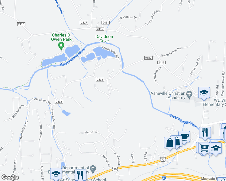 map of restaurants, bars, coffee shops, grocery stores, and more near 6 Everette Swafford Drive in Swannanoa