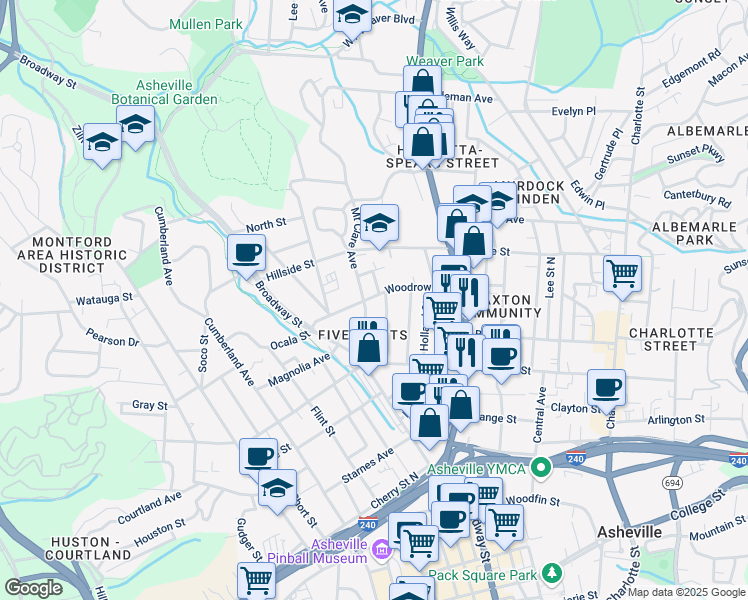 map of restaurants, bars, coffee shops, grocery stores, and more near 65 Woodrow Avenue in Asheville