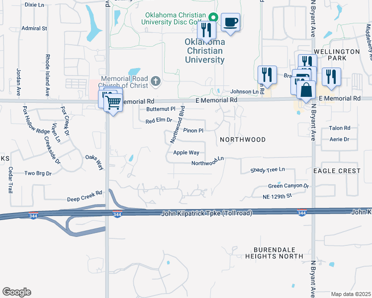 map of restaurants, bars, coffee shops, grocery stores, and more near 2401 Apple Way in Edmond
