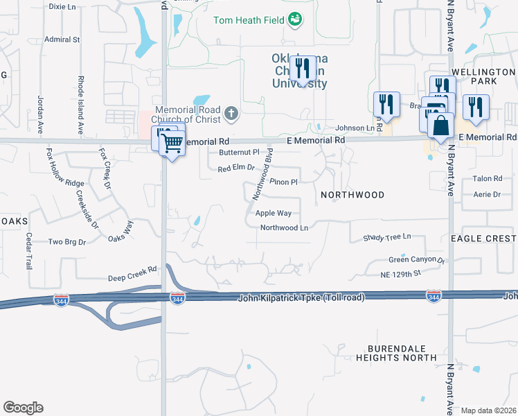 map of restaurants, bars, coffee shops, grocery stores, and more near 13417 Chinaberry Lane in Edmond