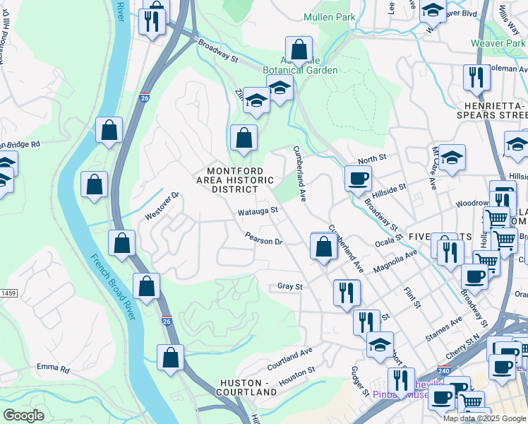 map of restaurants, bars, coffee shops, grocery stores, and more near 10 Watauga Street in Asheville