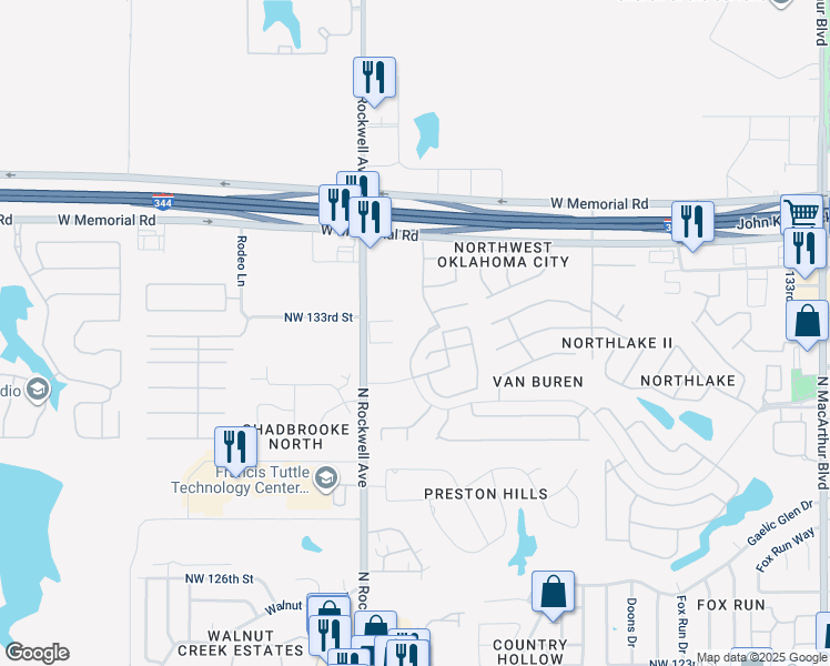 map of restaurants, bars, coffee shops, grocery stores, and more near 6919 Mayberry Lane in Oklahoma City