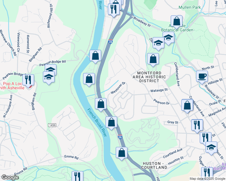 map of restaurants, bars, coffee shops, grocery stores, and more near 306 Westover Drive in Asheville