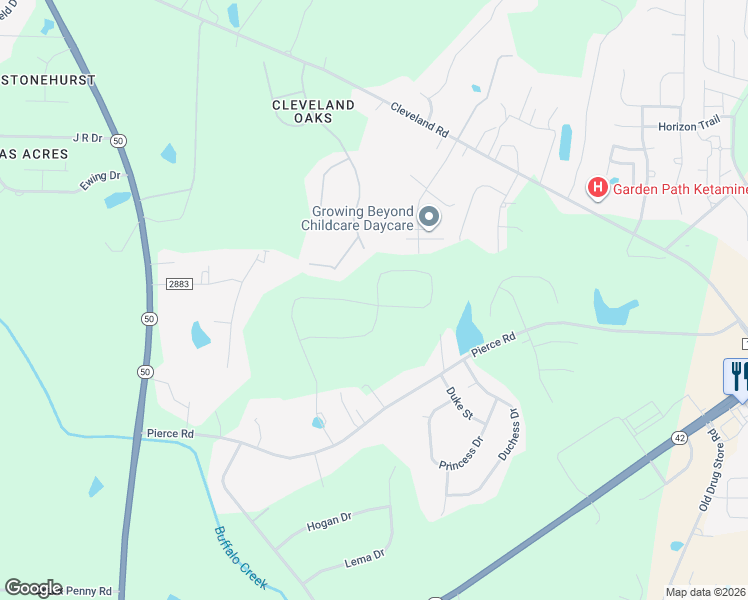map of restaurants, bars, coffee shops, grocery stores, and more near 392 Madden Rose Loop in Garner