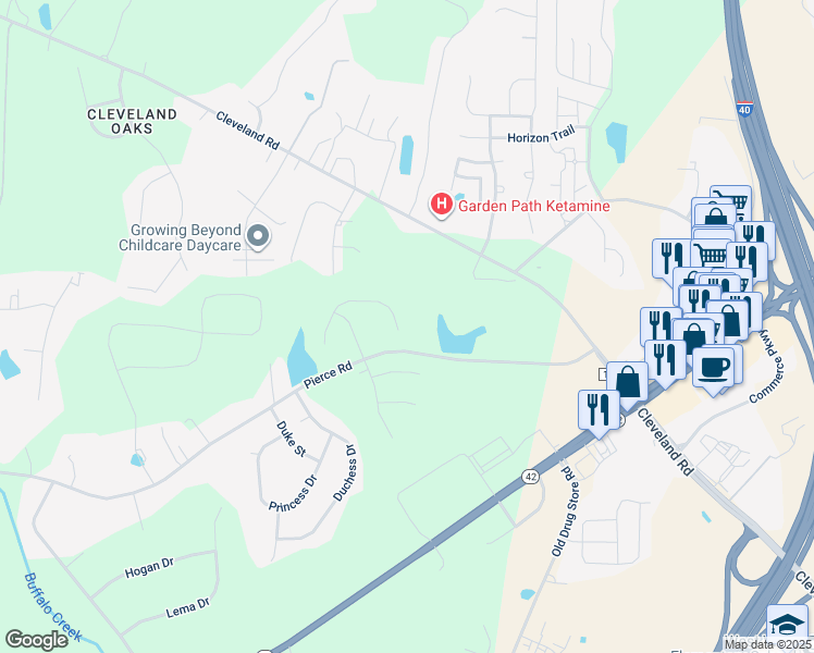map of restaurants, bars, coffee shops, grocery stores, and more near 165 Waterpine Drive in Garner