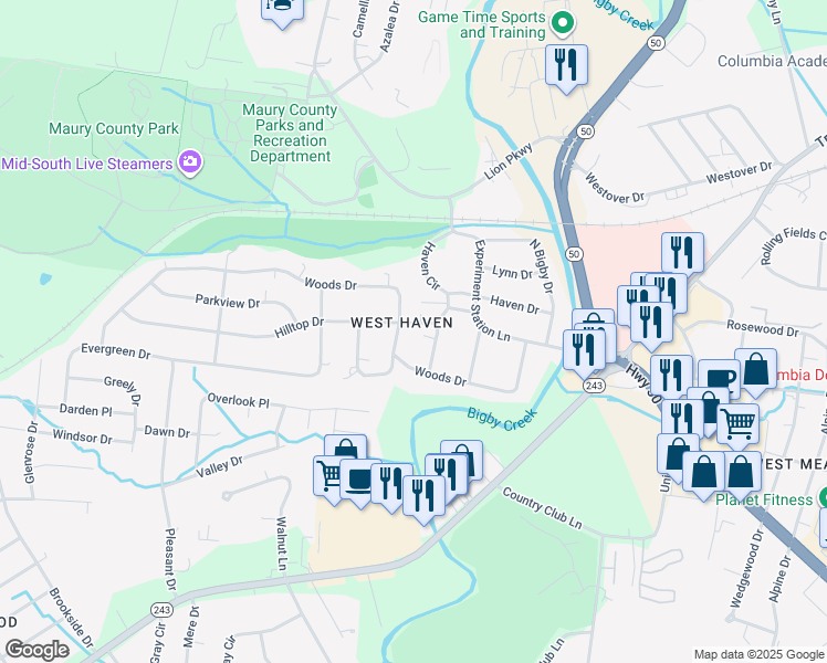 map of restaurants, bars, coffee shops, grocery stores, and more near 103 Hilltop Drive in Columbia