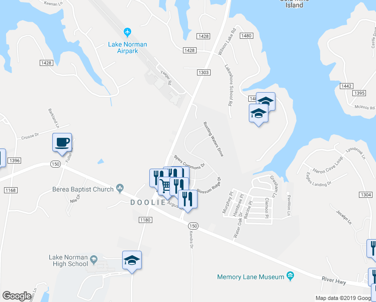 map of restaurants, bars, coffee shops, grocery stores, and more near 224 Blossom Ridge Drive in Mooresville
