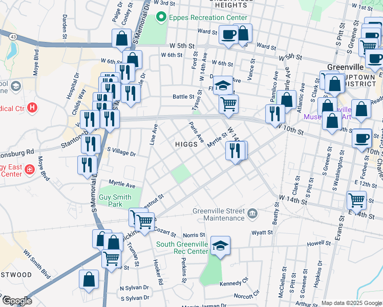 map of restaurants, bars, coffee shops, grocery stores, and more near 1600 Myrtle Street in Greenville