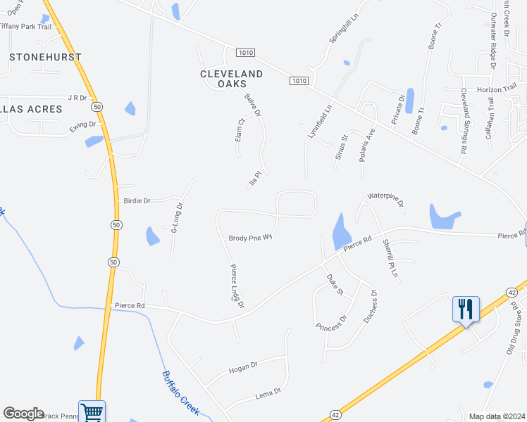 map of restaurants, bars, coffee shops, grocery stores, and more near 529 Pierce Landing Drive in Garner