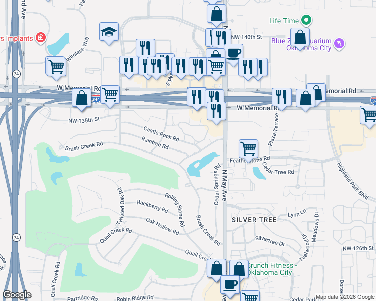 map of restaurants, bars, coffee shops, grocery stores, and more near 3001 Raintree Road in Oklahoma City