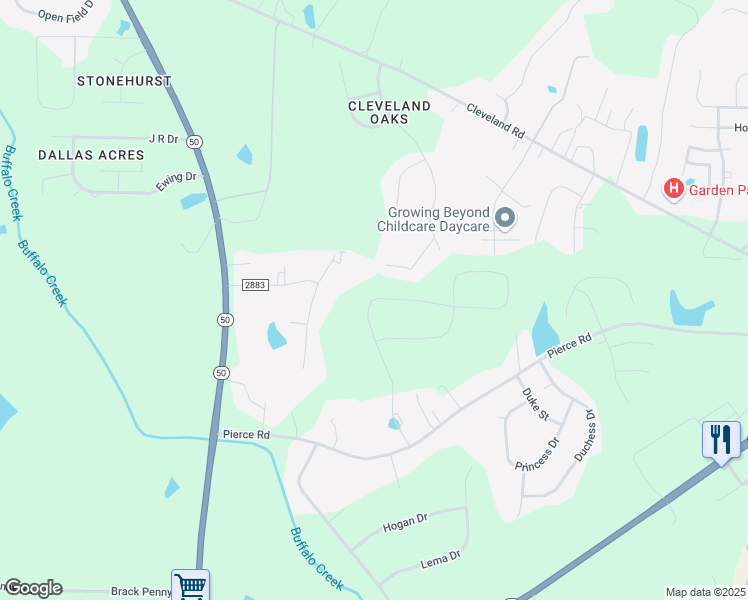 map of restaurants, bars, coffee shops, grocery stores, and more near 346 Pierce Landing Drive in Garner