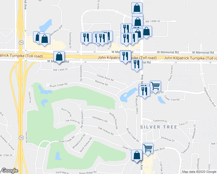 map of restaurants, bars, coffee shops, grocery stores, and more near 3104 Raintree Road in Oklahoma City