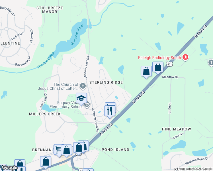 map of restaurants, bars, coffee shops, grocery stores, and more near 1443 Sexton Ridge Drive in Fuquay-Varina