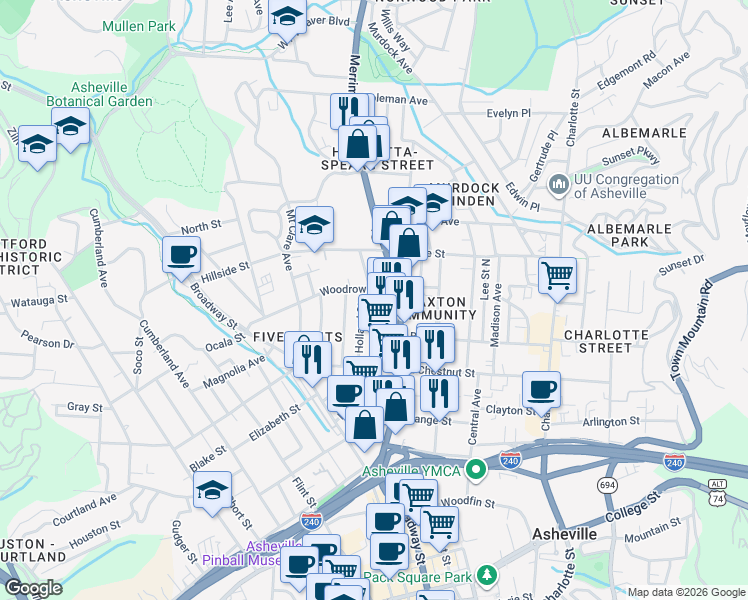 map of restaurants, bars, coffee shops, grocery stores, and more near 22 Eloise Street in Asheville