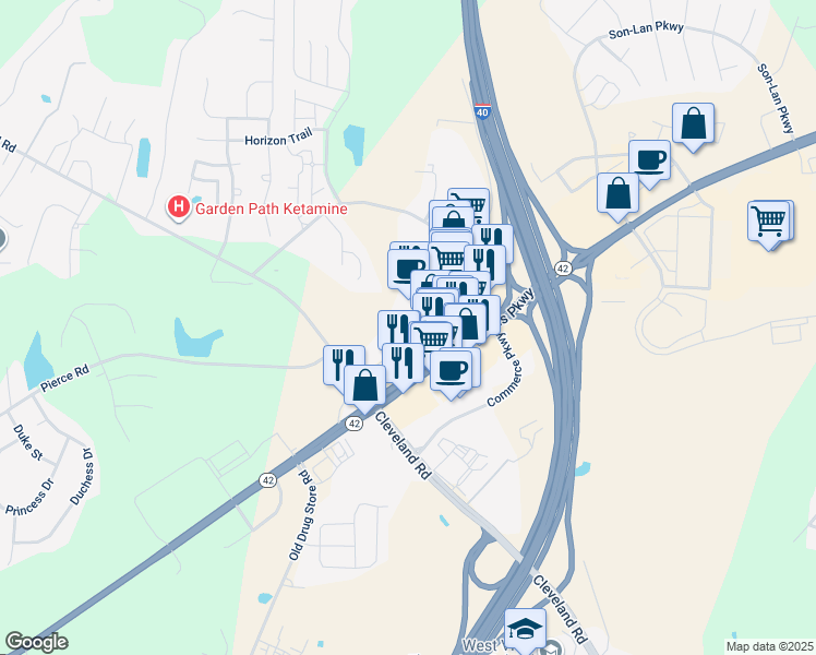 map of restaurants, bars, coffee shops, grocery stores, and more near 31 Technology Drive in Garner