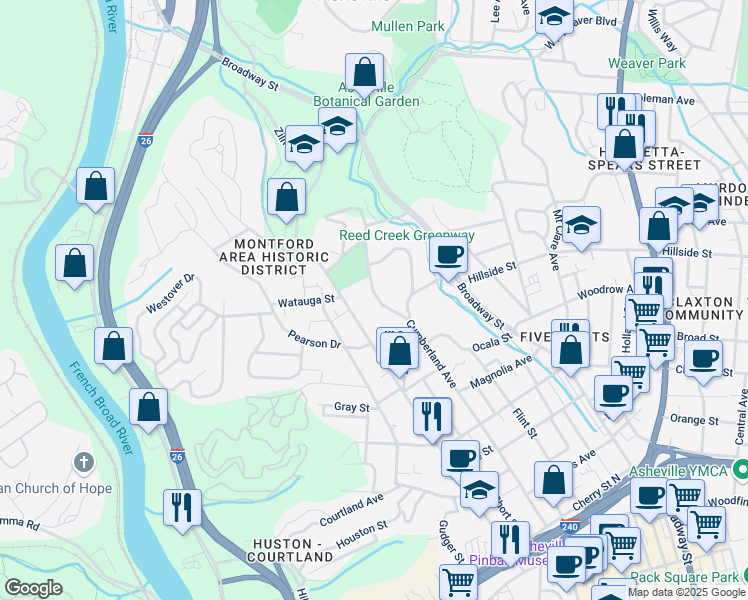 map of restaurants, bars, coffee shops, grocery stores, and more near 278 Cumberland Avenue in Asheville