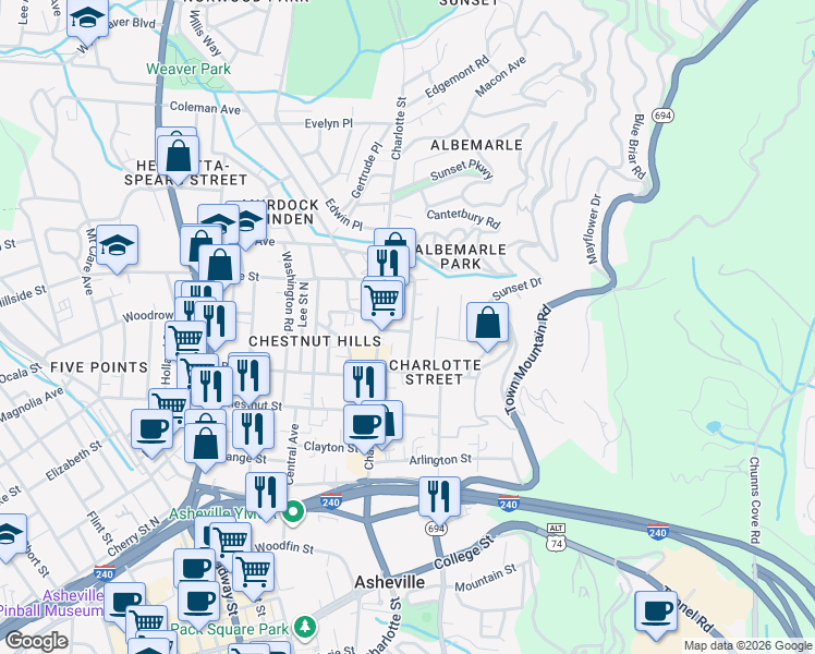 map of restaurants, bars, coffee shops, grocery stores, and more near 42 Albemarle Road in Asheville