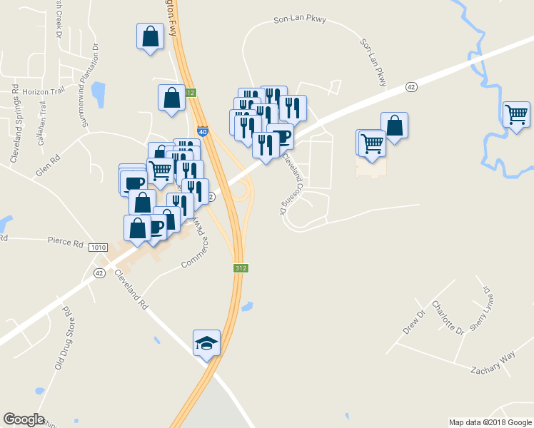 map of restaurants, bars, coffee shops, grocery stores, and more near 154 Cleveland Crossing Drive in Garner