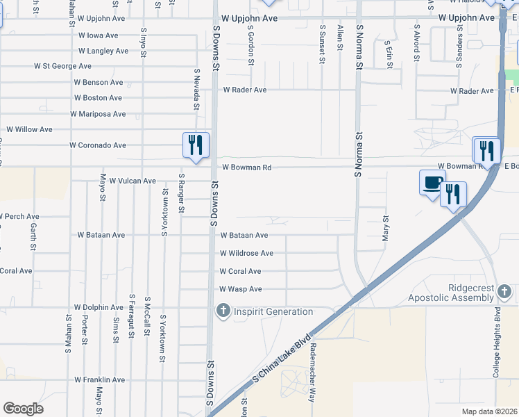 map of restaurants, bars, coffee shops, grocery stores, and more near 742 West Bataan Avenue in Ridgecrest
