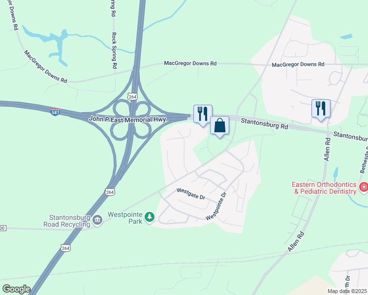 map of restaurants, bars, coffee shops, grocery stores, and more near 1291 Park West Drive in Greenville