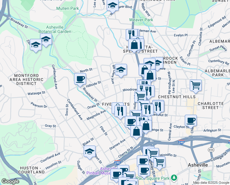 map of restaurants, bars, coffee shops, grocery stores, and more near 65 Woodrow Avenue in Asheville
